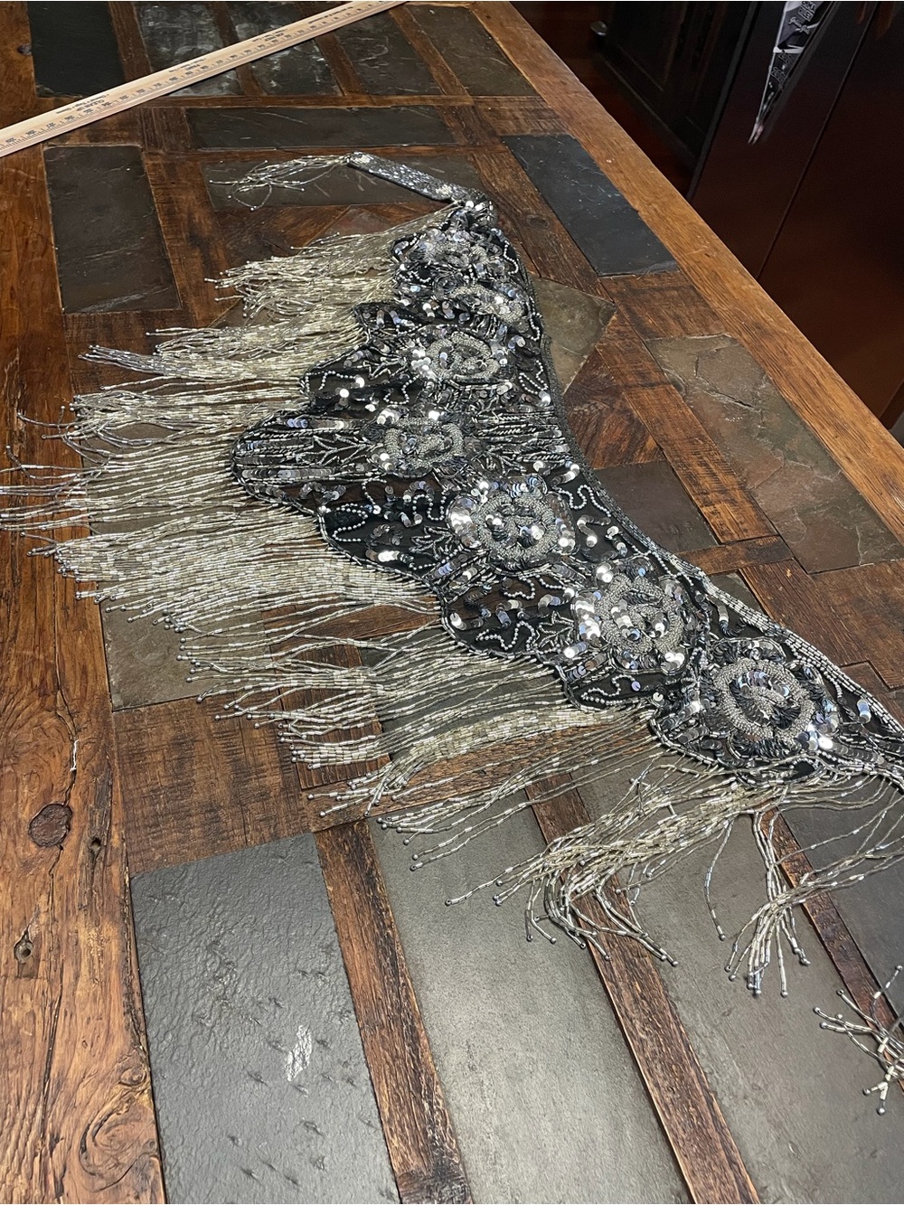 Elegant Beaded Black and Silver Fringe waist sash belt
